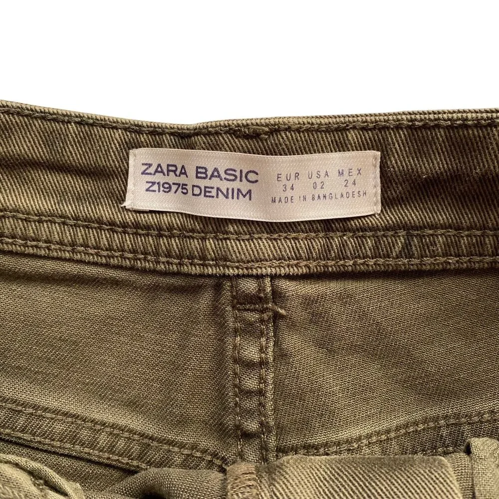 ZARA Basic Z1975 Denim Size 2 Mid Rise Skinny Uneven Hem Olive Jeans Dark Marks